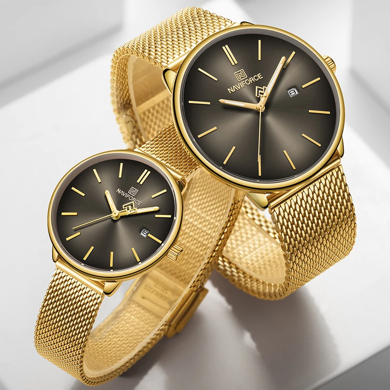 Часы NAVIFORCE наручные для влюбленных пар модные повседневные стальные с сетчатым