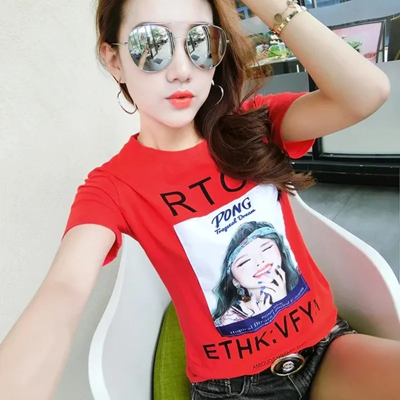 

European Station 2021 Summer New Student Pure Cotton Short-Sleeved T-Shirt Female Slim Sticker Fashion T-Shirt