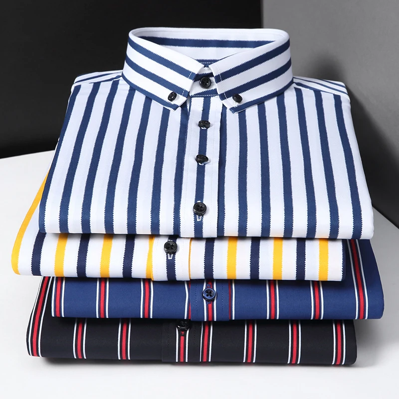 

Long Sleeve Men's Striped Shirts Stretch Fabric well Fit Male dress Shirts Elastic Comfortable 2020 Pocketless casual Quality
