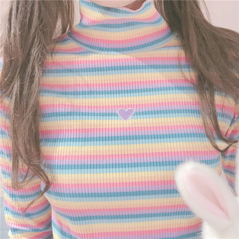 Японские Сладости женские водолазки футболки Harajuku Tumblr радужные полосатые