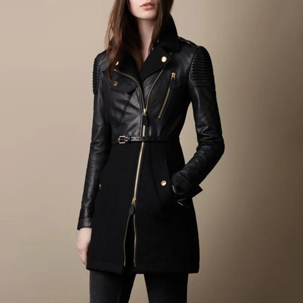 

Женская приталенная куртка из искусственной кожи, пикантное шерстяное пальто средней длины на молнии с длинным рукавом, Тренч в западном ст...