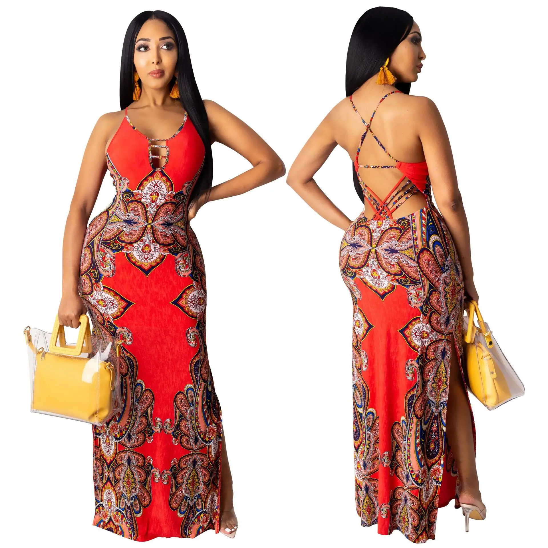 

Платье женское прямое в пол, пикантный сарафан на бретелях-спагетти, без рукавов, с открытой спиной, в богемном стиле, с V-образным вырезом, на...