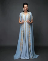 morocco kaftan formal evening dress for women v neck long cape a line sky blue chiffon special occasion gowns 2021 prom dresses