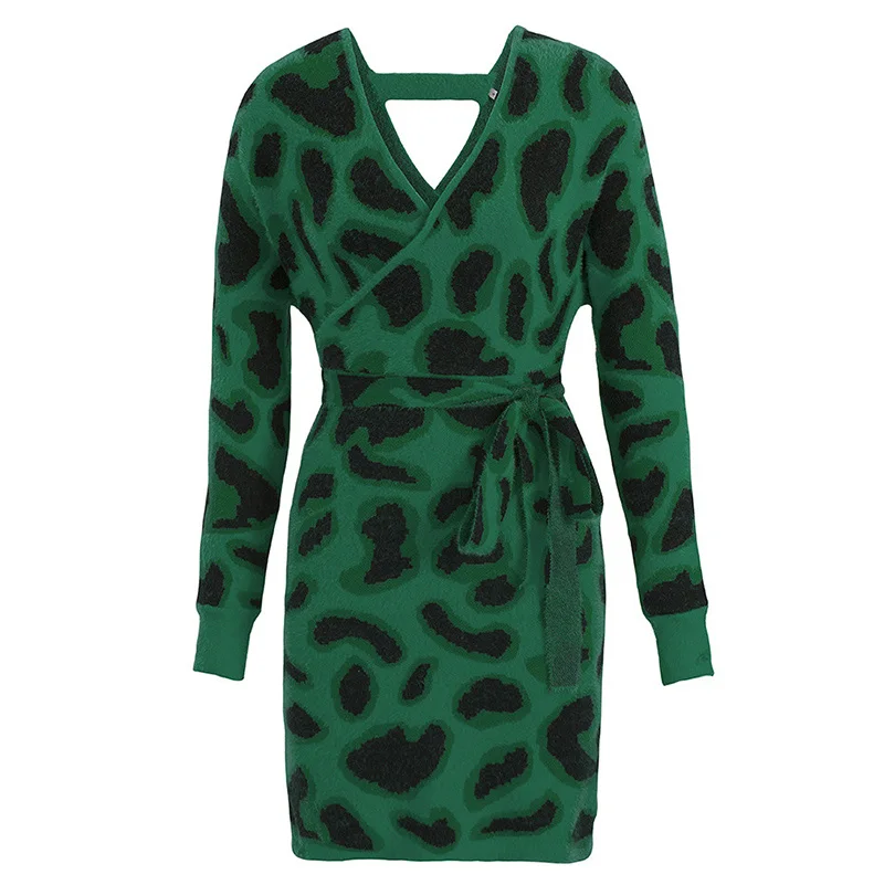 Green Abardsion, женское леопардовое трикотажное платье, осенняя зимняя одежда, Vestidos, длинный рукав, v-образный вырез, облегающий свитер, платья - Цвет: Green