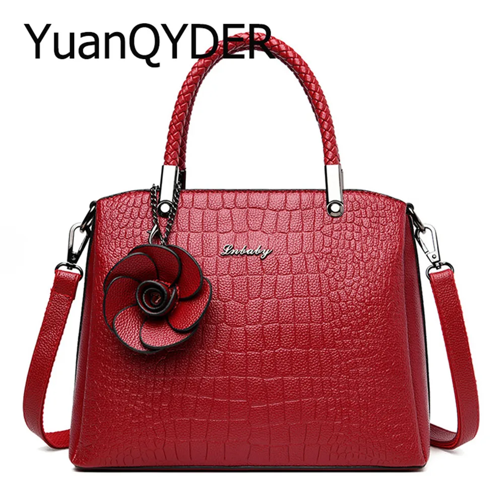 

Rose Pendant Tote Bag Vintage Weave Handles Stone Pattern Genuine Leather Handbag Large Capacity Travel Crossbody Bag for Ladies