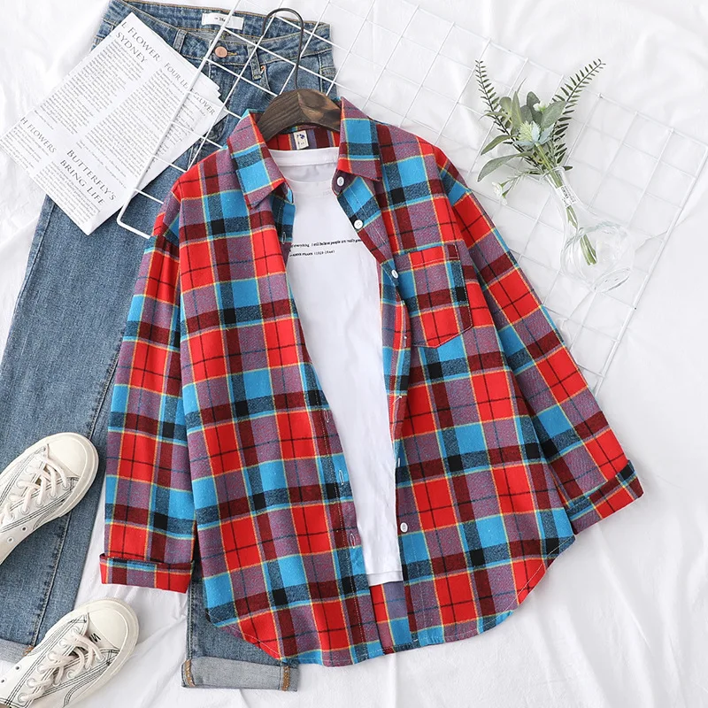

Brand Women's Flannel Plaid Shirts 2021 New Ladies Tops Exquisite Designer Style Loose Blouses Casual Cotton Long Sleeve Blouse