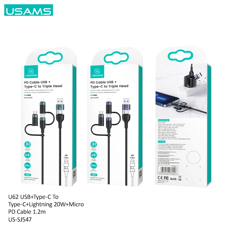 Кабель USB 3 в 1 USAMS 2 м 60 Вт а с разъемом Lightning Type-C для iPhone Huawei Xiaomi Samsung PD QC кабель