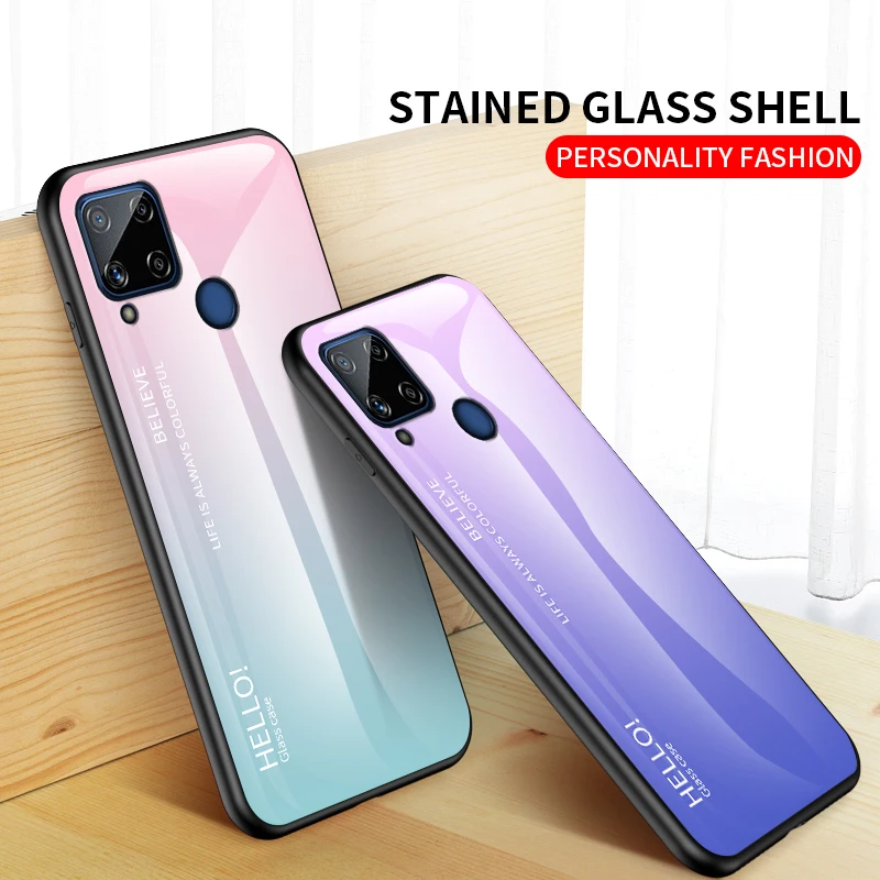 KEYSION цветной стеклянный чехол для Realme C15 из органического стекла Мягкий край ТПУ