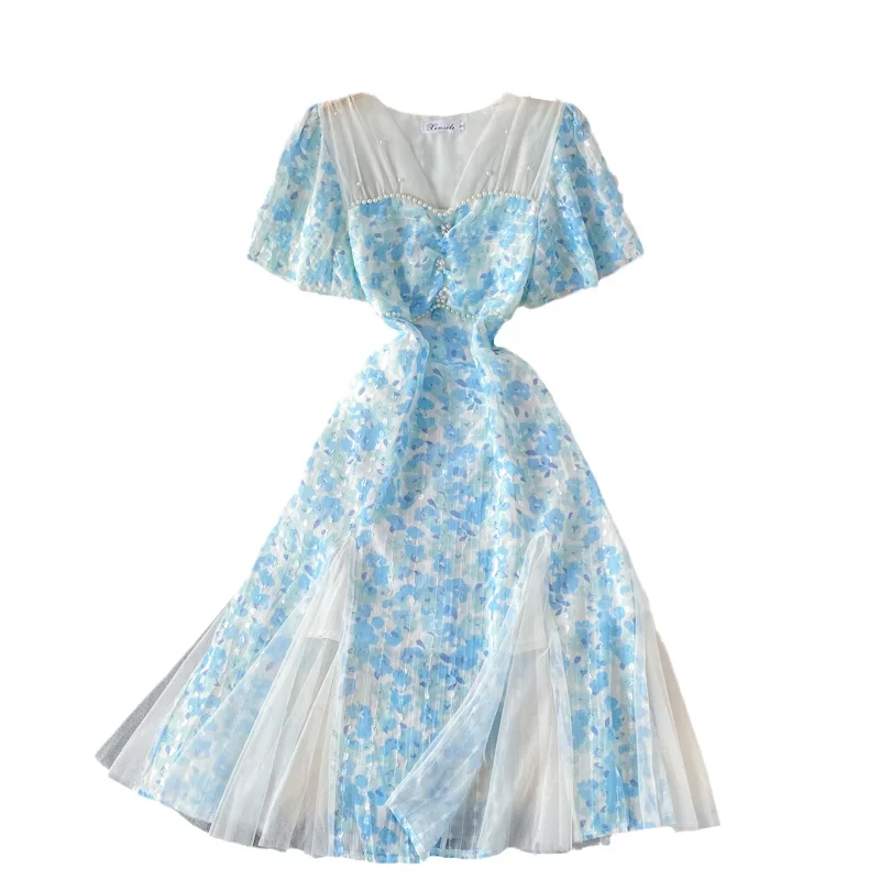 

New Vintage Celebrity Midi Medieval Dress Women 2021 French Mesh Stitching V-neck Chiffon Blue Floral Tulle Dresses Ladies