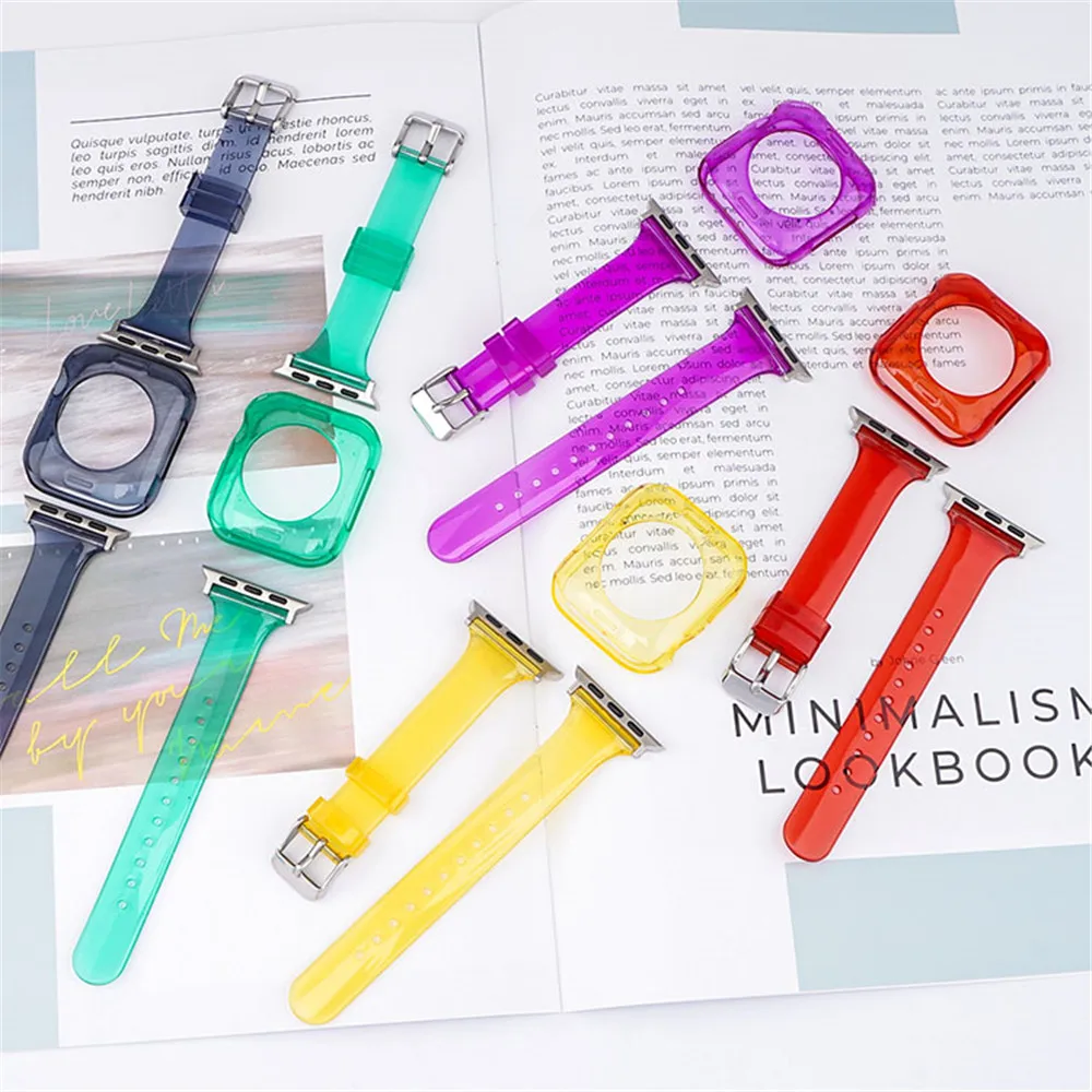 for Apple Watch Band 44mm 40mm 42mm 38mm Slim Silicone Watch Strap Transparent Bracelet Protective Case for iWatch 6 SE 5 4 3 2