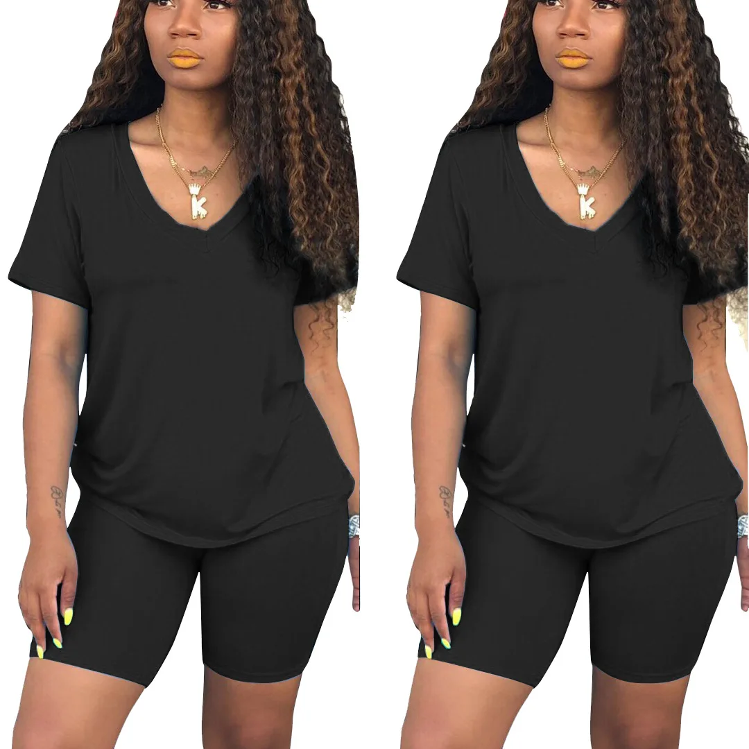 Neon Orange Casual Two Piece Set Sexy Club Outfits Women V Neck Short Sleeve T Shirt And Biker Shorts Sweat Suits Matching Sets | Женская
