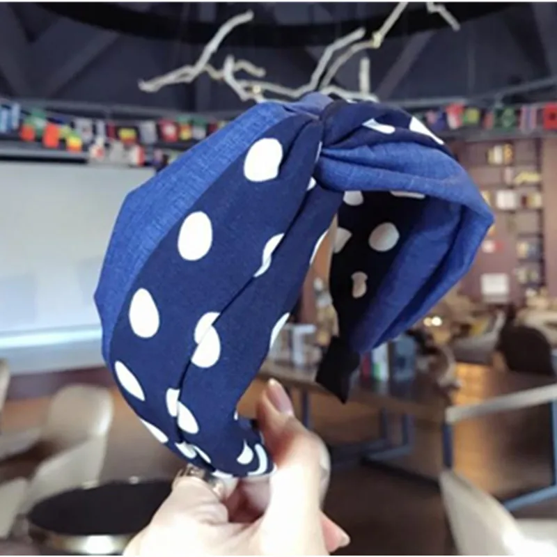 

Blue Wide Cross Hairband Polka Dots Print Women Antique Headdress Ladies Wide Head Band Retro Korean Headband Women Hair Hoop