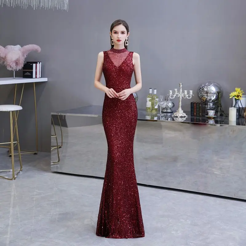 

Long Burgundy Elegant O-Neck Sequined Zipper Back Hollow Evening Dress Tulle Beading Sleeveless Mermaid Formal Gowns Vestido