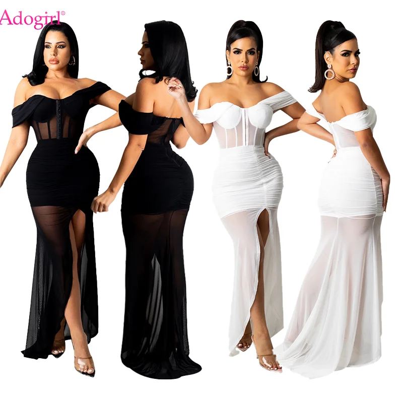 Женское платье-корсет с открытыми плечами высоким разрезом | Женская одежда