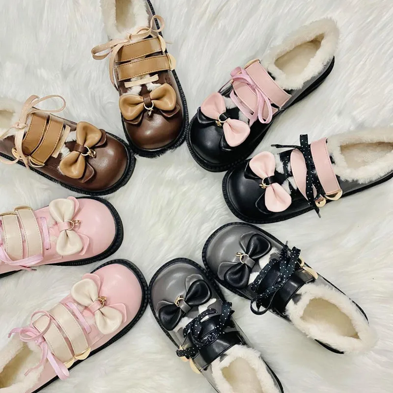 

Janpanese Round Shoes Plush hyoma Sweet Cute Bowknot Autumn Winter Keep Warm Lace Up Shoes Color Matching Lolita PU Loli Shoes
