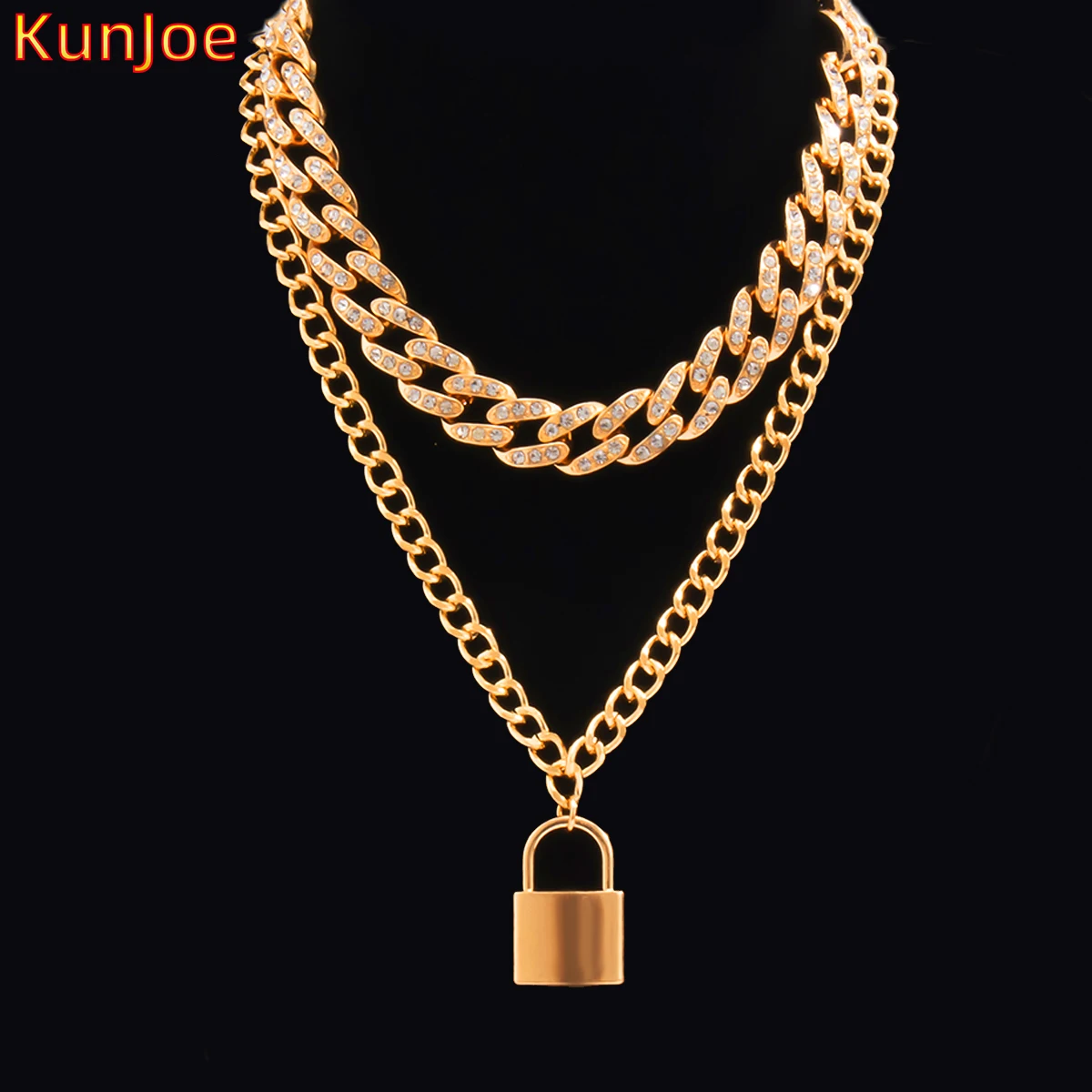 

KunJoe New Fashion MultiLayer Gold Color Thick Chain For Women Metal Lock Pendants Necklace Men Punk Charm Jewelry Party Gift
