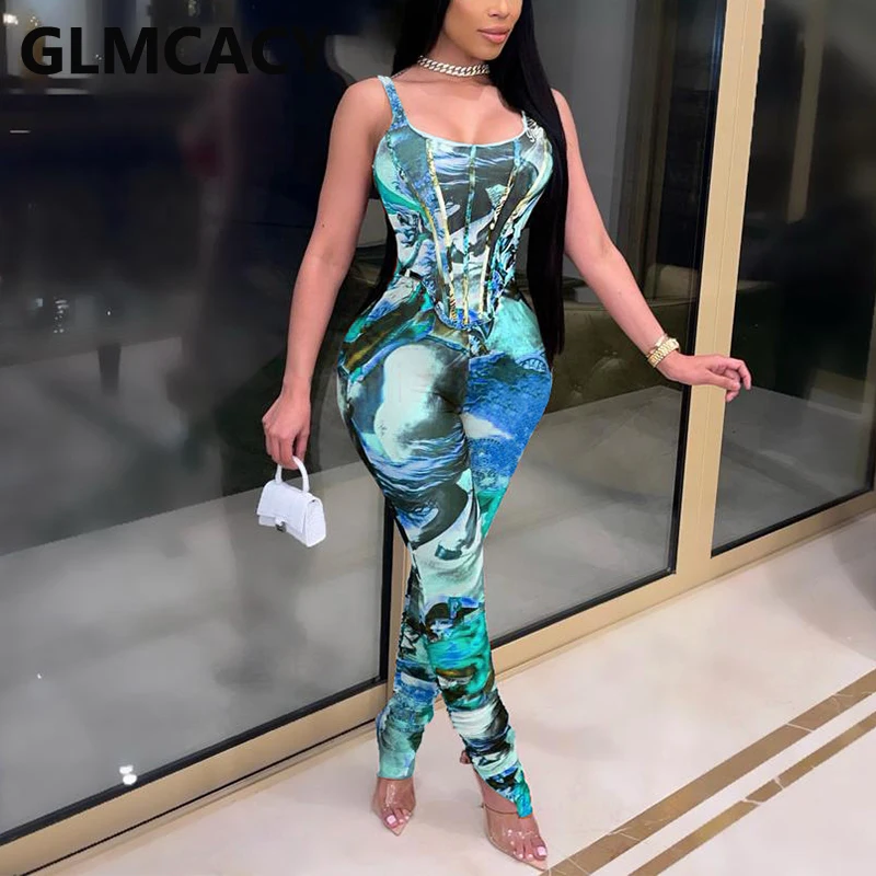 

Sleeveless Vintage Printed Skinny Jumpsuit Sexy Party Club Overalls