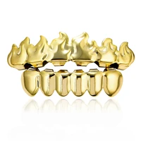 gold color plated hip hop teeth grillz flame leaf top bottom grill set silicone vampire teeth christmas gift punk grillz dental