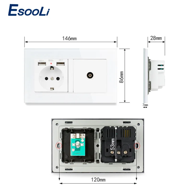 Esooli настенная розетка стандарта ЕС 2 USB зарядный порт со скрытым мягким