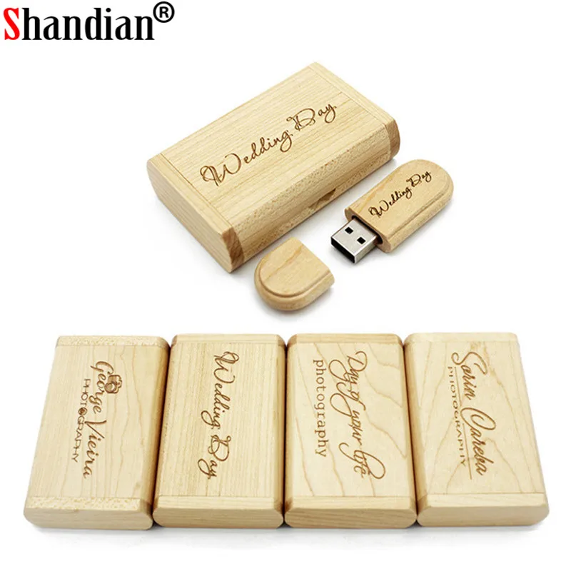 

SHANDIAN Free personalized customization laser engraving wooden+Box pendrive 16GB 32GB 64GB USB Flash Drive photography gift
