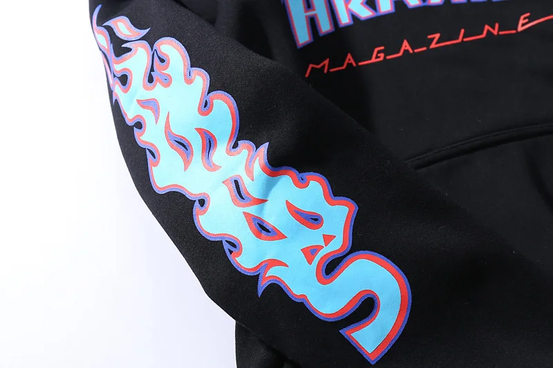 Autumn And Winter New Blue Color Flame Kylin Arm Printed Men's Women's plus Velvet Hooded Coat Thick Underwear Hoodie Fashion