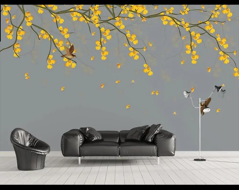 Индивидуальные фотообои Bei Gongbi цветы и птицы листья гинкго новый китайский фон