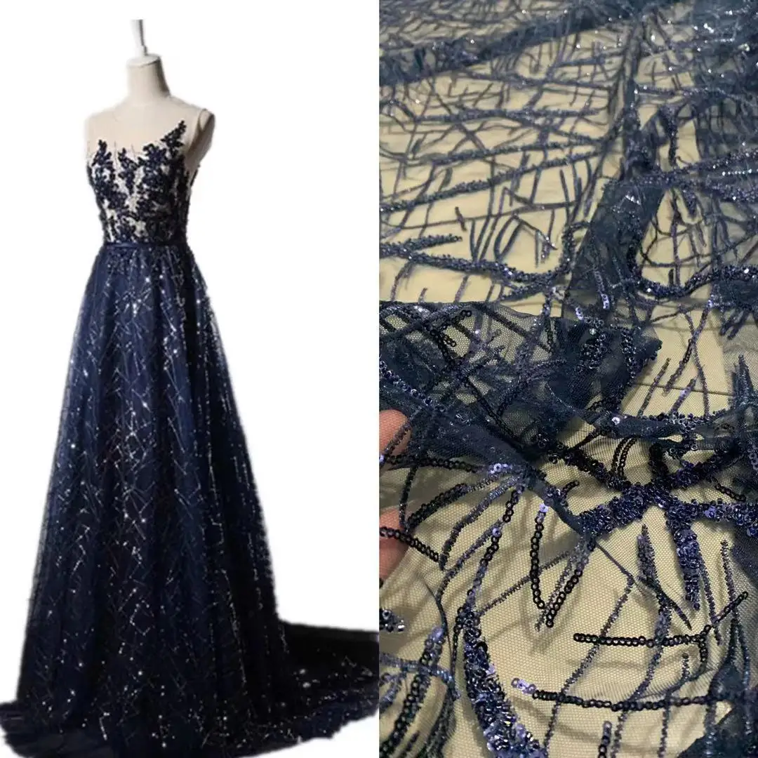 

2021 High Quality Dark Blue Sequins Beaded Gauze Embroidery Dress Stage Skirt lace fabric