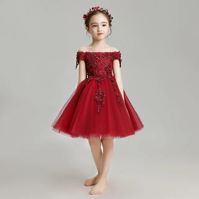 Knee Length 2 Красное платье с длинным шлейфом и цветочным узором для девочек; свадебное платье с открытыми плечами; детское платье для торжеств; костюм на день рождения; праздничное платье принцессы - Цвет: Knee Length 2