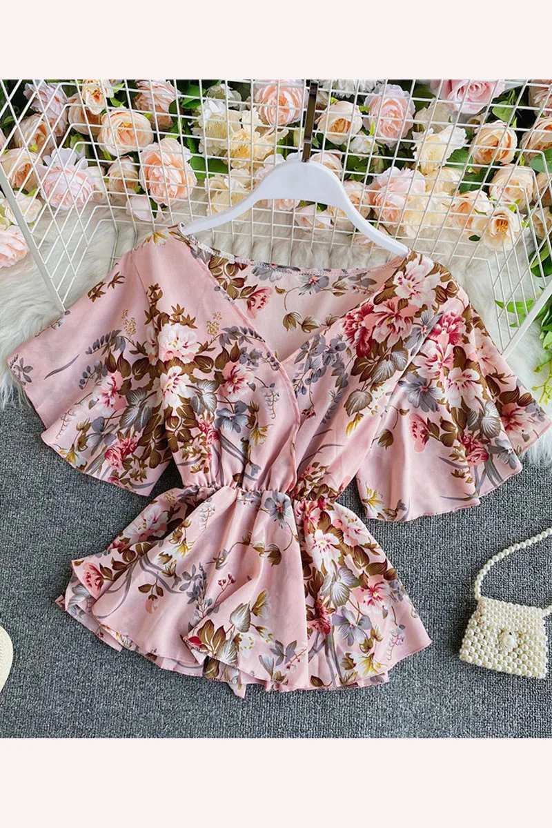 

ZOSOL Floral Chiffon Short-Sleeved Women's 2020 New Korean-Style Sweet Loose Lace-up Waist Hugging V-neck Shirt Bell Sleeve