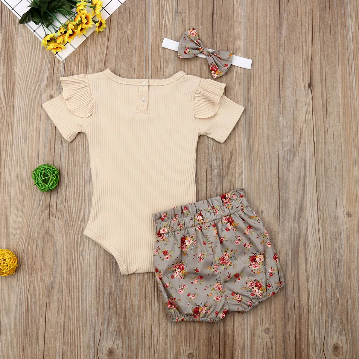 3Pcs Newborn Infant Baby Girl Summer Clothes Short Sleeve Ribbed Bodysuit+Floral Shorts Pants+Headband Outfits Set 0-18M | Детская