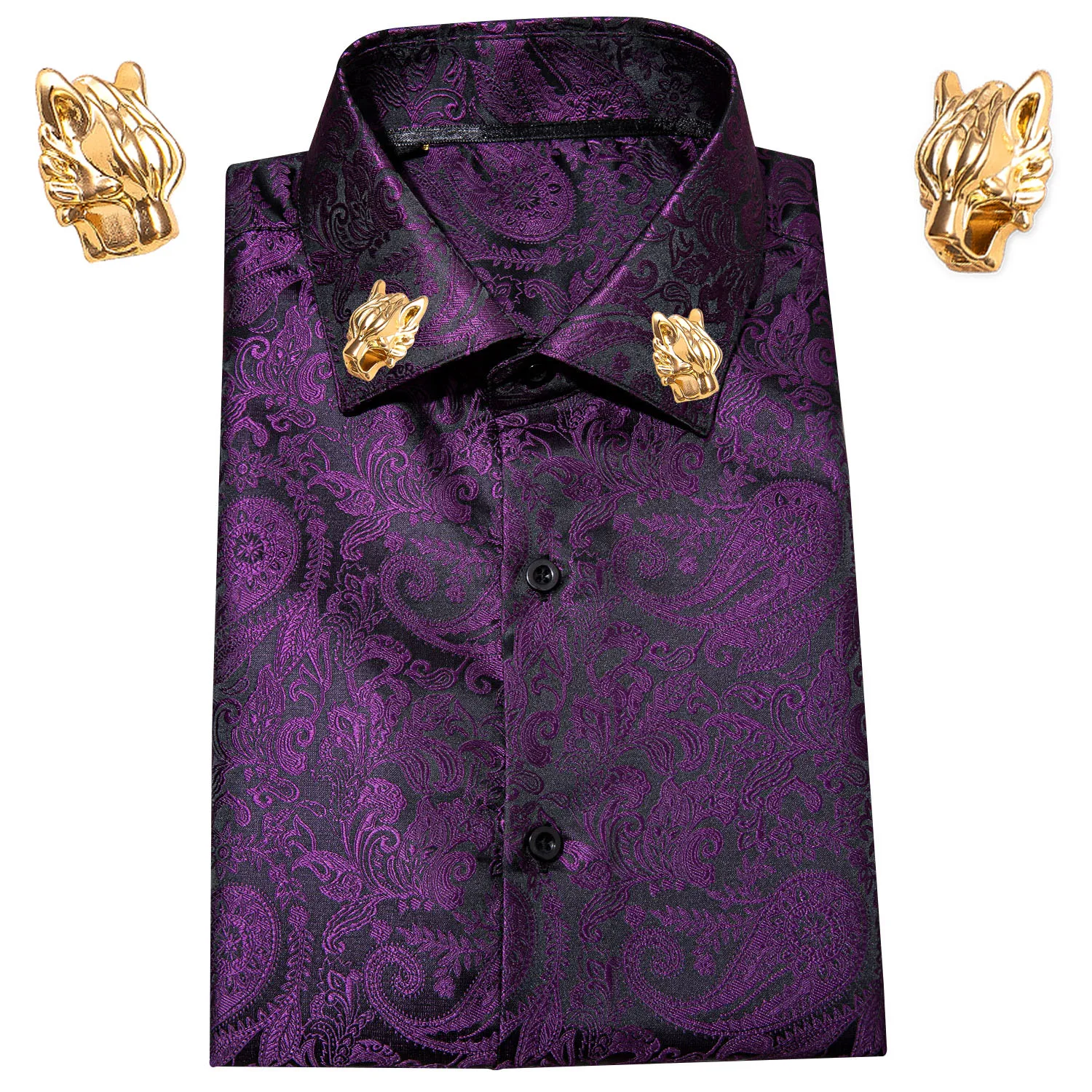 Barry.Wang Purple Paisley Floral Silk Shirts Men Long Sleeve Casual  Flower Shirt For Men Designer Dress Shirt Collar Pin Set