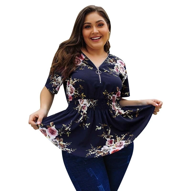 

2020 Floral Women Blouse Fashion V-Neck Short Sleeve Elastic Waist Summer Shirt Big Size W276