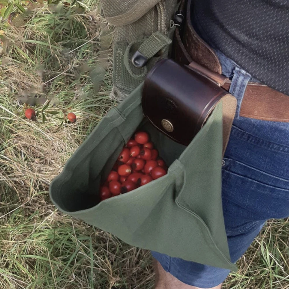

Canvas Bushcraft Bag Drawstring Canvas Foraging Bag Leather Belt Waist Pouch Waterproof Fruits Picking Bag