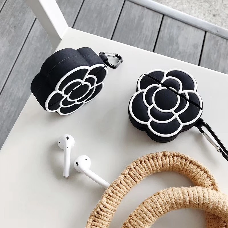 Case for AirPods Cartoon Earphone Cases Apple 1 2 Cute Accessories Protect Cover with Keychain Black Camellia Design | Электроника
