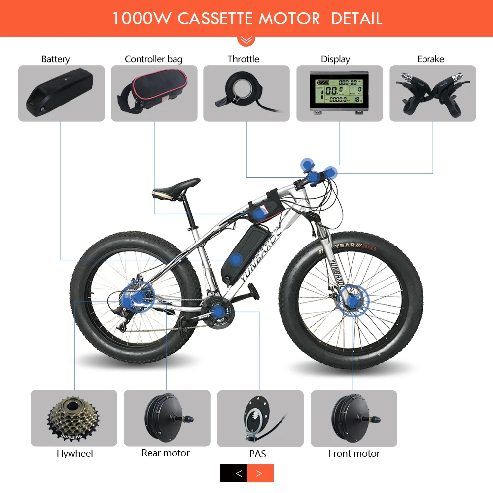 

Electric Bike Snow Gearless Wheel 20 26 Inch 48V 1000W 4.0 Fat Tyre Brushless Rear Cassette Hub Motor Bicycle Conversion Kit