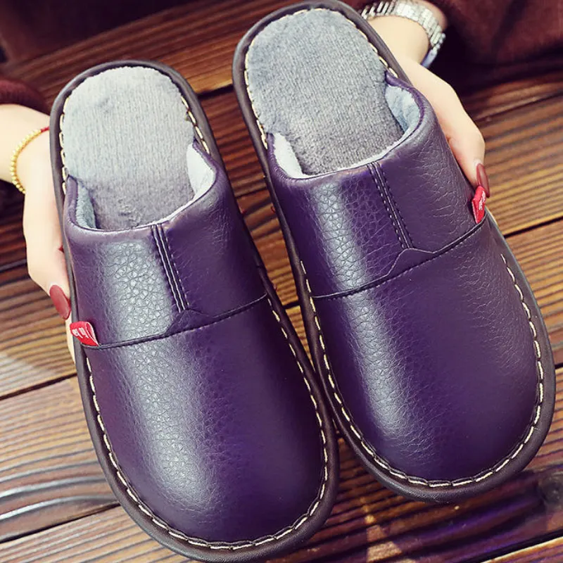 Purple Кожаные тапочки для женщин размера плюс 35-46 удобные домашние тапочки семейная обувь женские меховые тапочки zapato mujer - Цвет: Purple