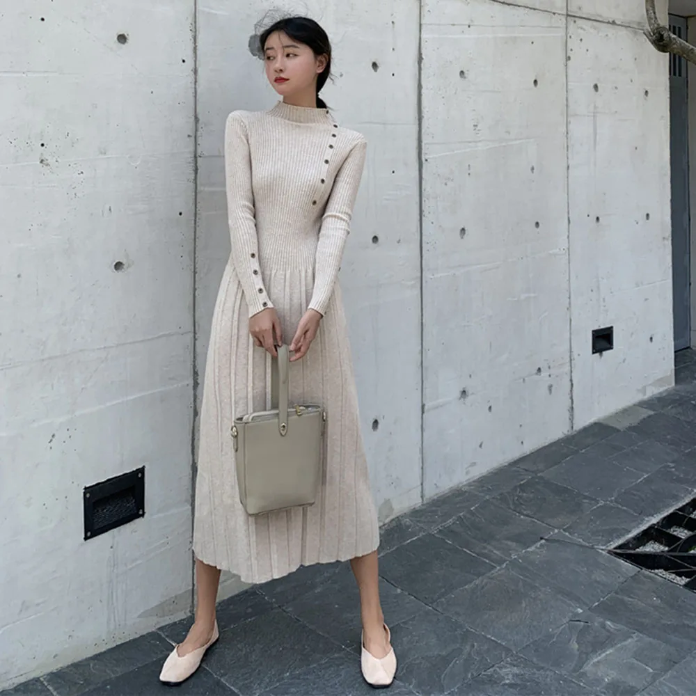 

Korean Fashion Casual Womens Dress Solid Color Half High Collar High Waist Temperament Long Sleeve 2021 Autumn Winter New Dress