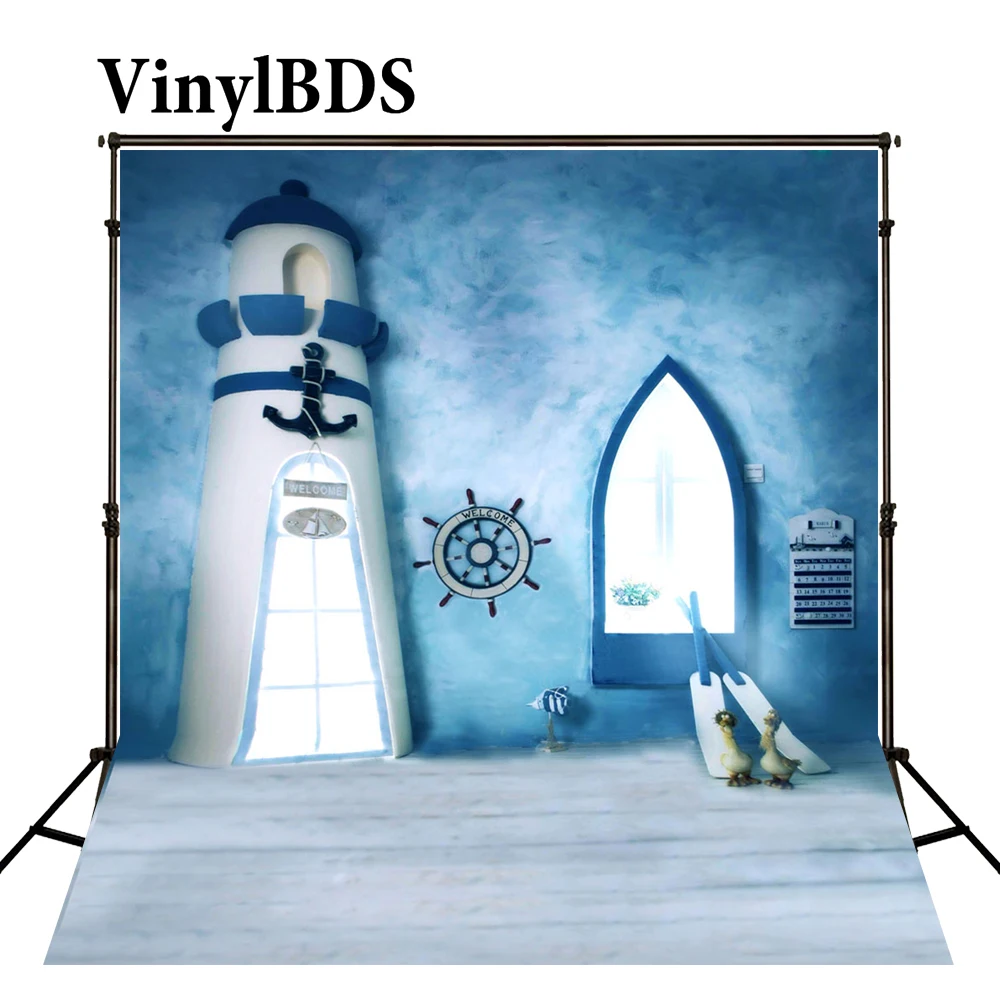 

Винилбдс фон для фотосъемки Маяк голубое небо новорожденный фото руль корабль весло деревянный пол Студия фото фон