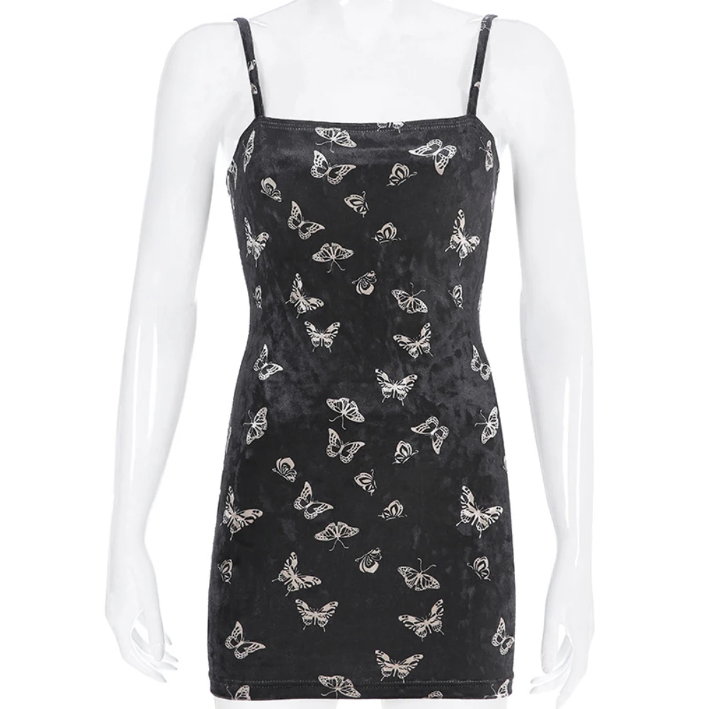 

Women Sexy Summer Sleeveless Butterfly Print Sling Bodycon Dress Chain Vest Elegant Sleeveless Mini Short Dress