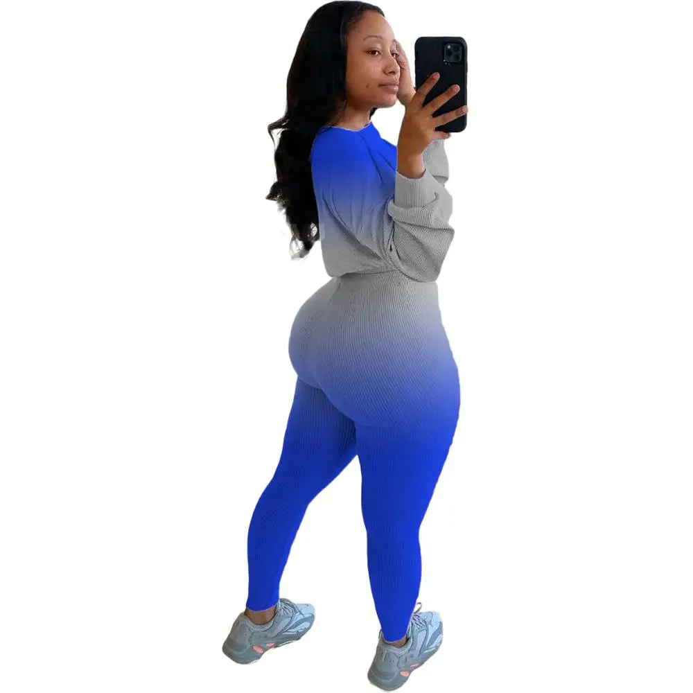 

2020 Autumn Women Sportwear Tracksuits With Gradient Color Lady's Casual O-neck Full Sleeve T-shirts Skinny Pants Two Piece Sets