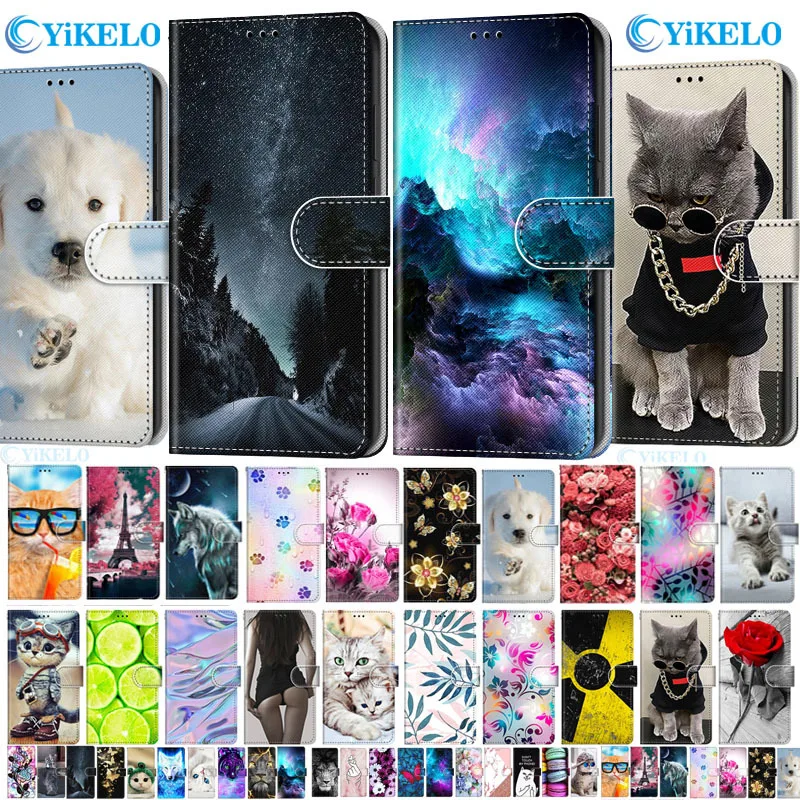 leather flip phone case for realme 5 5s 5i c3 c3i 6i flower cute cat painted wallet card holder stand book cover butterfly capa free global shipping