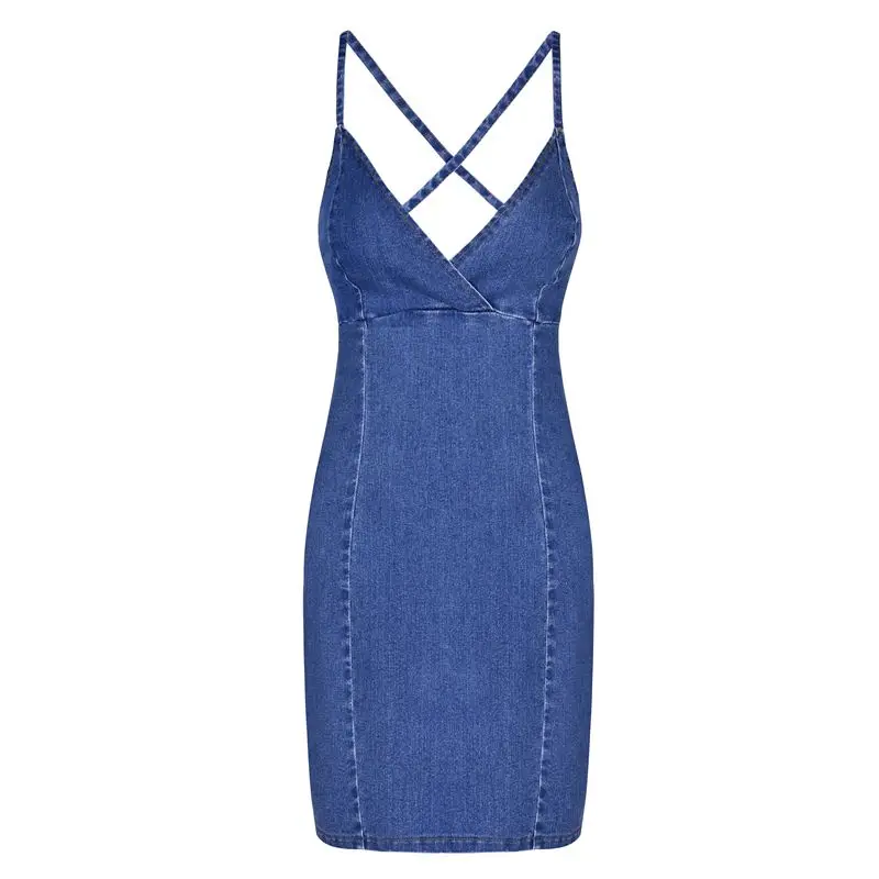 

Deivor European and American cross border denim women's Halter Halter Halter A-line high waist slim denim dress