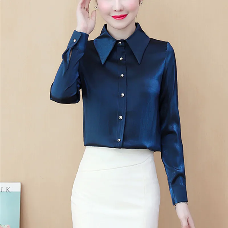 

Satin Women Shirts Spring 2022 New Fashion Long-sleeve Blouse Solid Button Up Shirt for Women Polo-Neck Basic OL Female Clothing