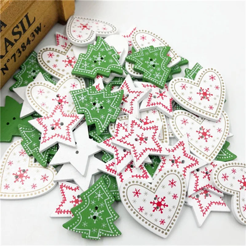 

25Pcs/Lot Heart Star Christmas Tree Shape Decor Embellishment Wooden Buttons With 2 Holes For Sewing Scrapbook Crafting