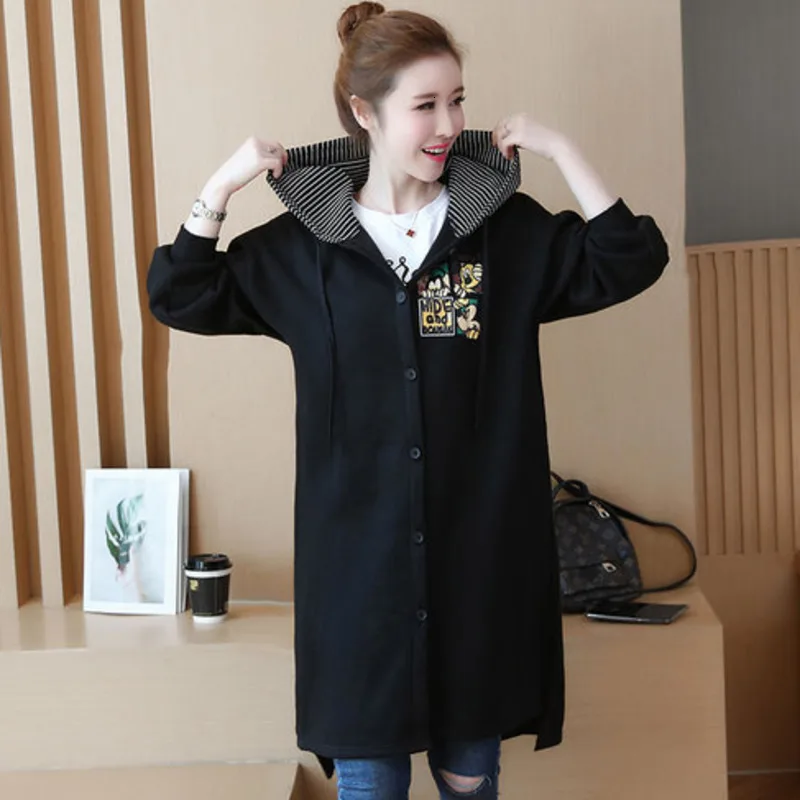 5XL куртка с капюшоном, Женское пальто, Осеннее, с принтом Микки, на молнии, размера плюс, длинное пальто, больше размера d, черное, с рисунком, ретро ветровка
