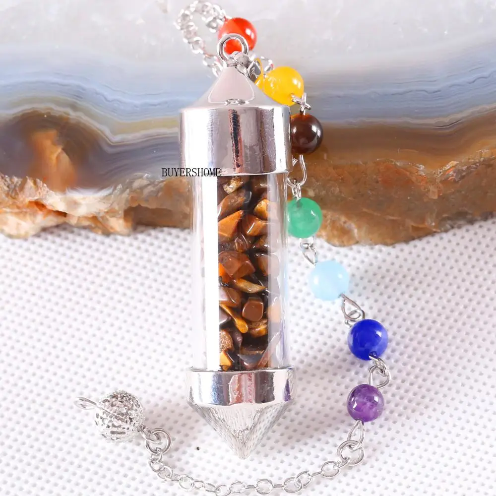 

Divination Amulet 7 Chakra Wishing Bottle Pendulum Reiki Natural Stone Chip Tiger's Eye Pendant Necklace for Women Men K615