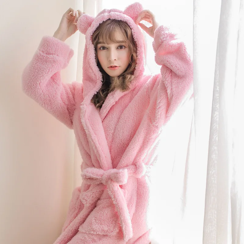 

2021 New Thicken Warm Flannel Robe Winter Long Sleeve Bathrobe Sexy V-Neck Women Nightgown Lounge Sleepwear Home Clothes