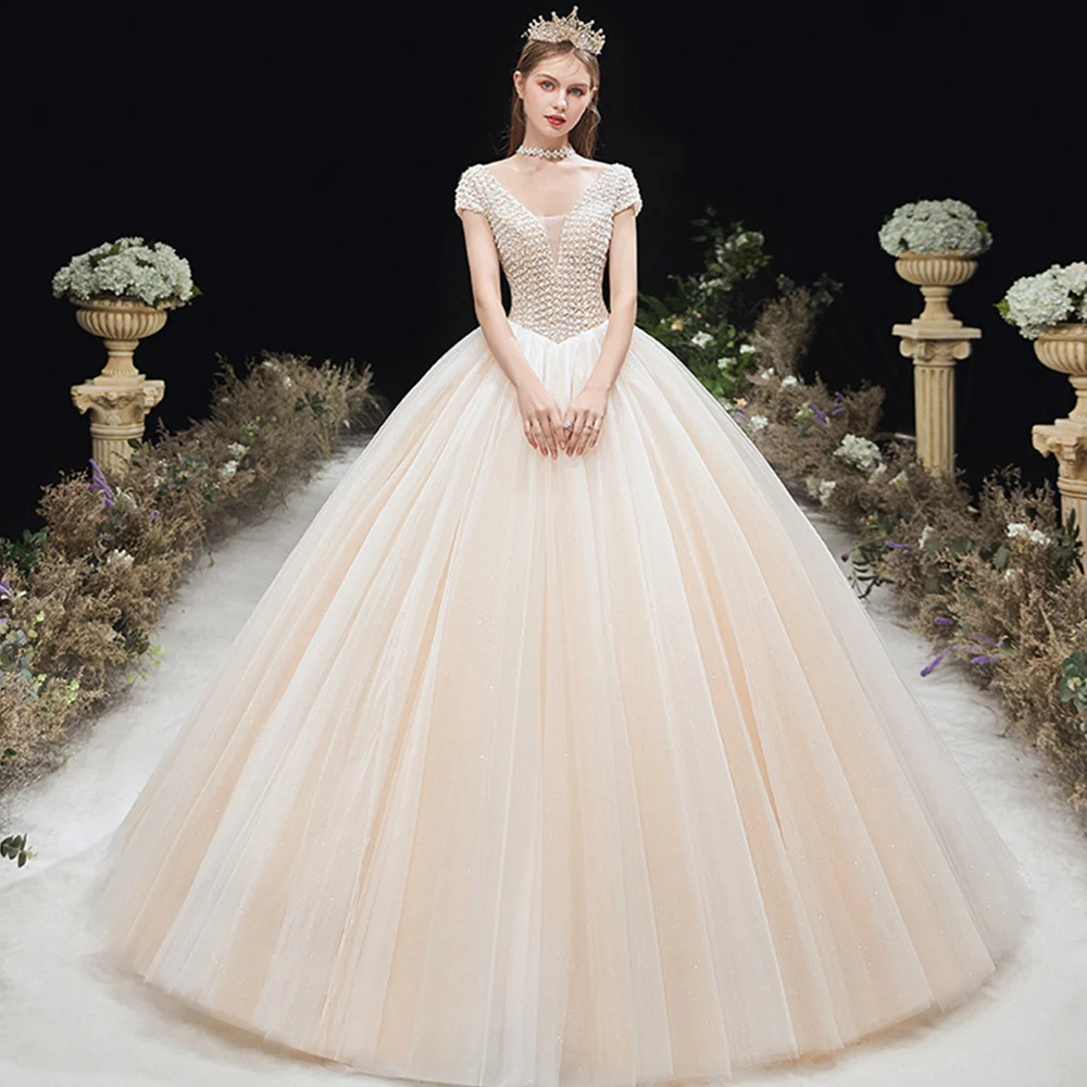 

Женское свадебное платье принцессы Dioflyusa, элегантное романтичное кружевное платье цвета шампанского с V-образным вырезом и роскошным шлейф...