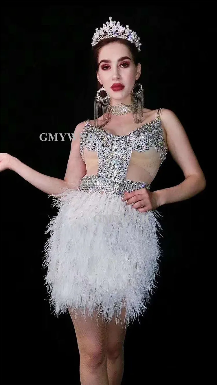 V8 Women rhinestones evening dress sexy sleeveless white feather skirt stretch disco crystal outfit sparkly diamonds wear | Дом и сад