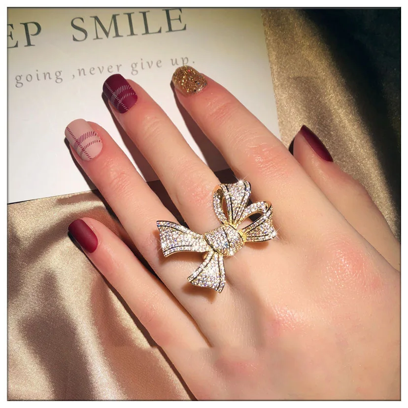 

Fashion Austria Crystal Rings Gold Color Finger Bow Rings Wedding Engagement Cubic Zirconia Ring For Women Wholesale New 2021